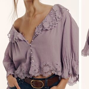 Anthropologie Purple Ruffled Buttoned Blouse